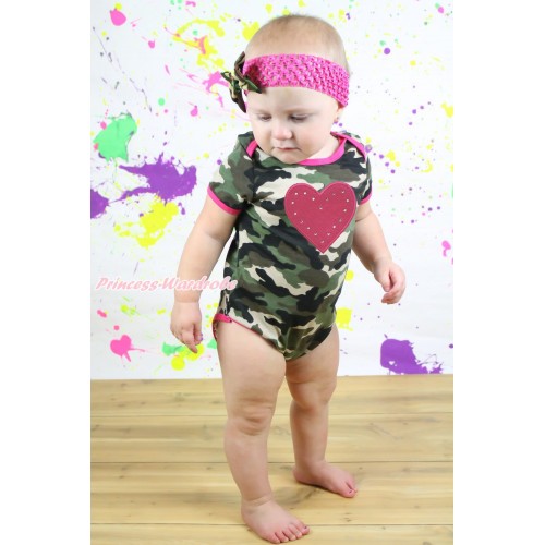 Valentine's Day Camouflage Baby Jumpsuit & Hot Pink Heart Print & Hot Pink Headband Camouflage Satin Bow TH550